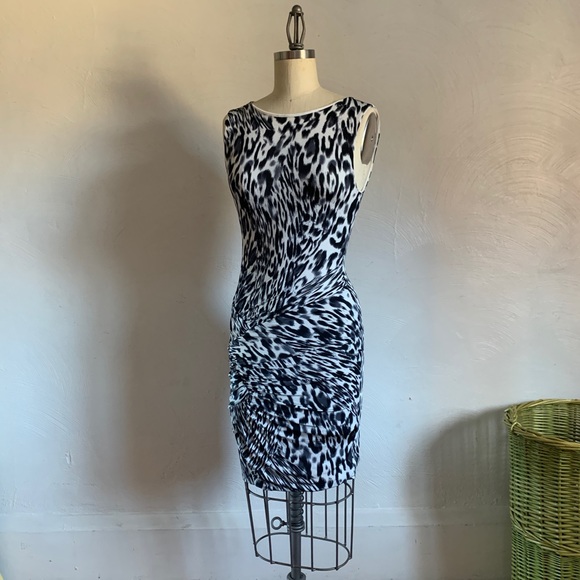 Cache Dresses & Skirts - Snow Leopard Bodycon Open Back Sleeveless Stretch Shift Dress